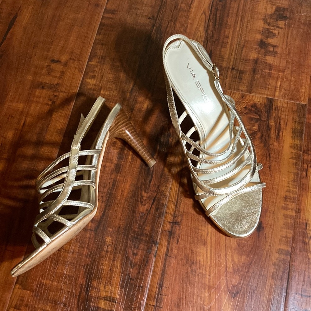 Via Spiga leather gold sandals, 3” wood heel, size 6 M